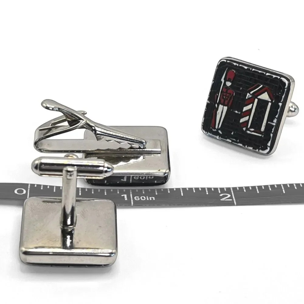 Vintage Royal Guard Soldier Cufflinks Tie Clip Set Silver Tone Black Red Mens
